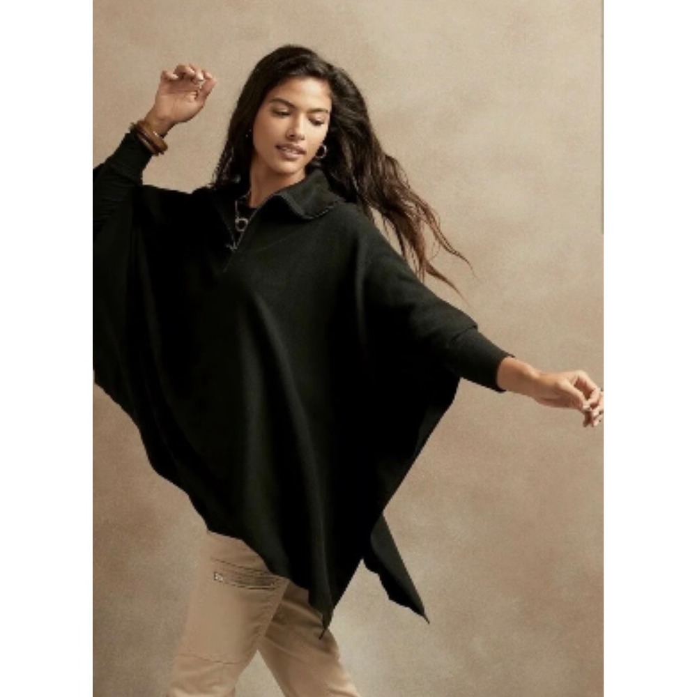 Banana Republic Black Cotton Quarter Zip Poncho Wrap One Size NWT 710839-00-1